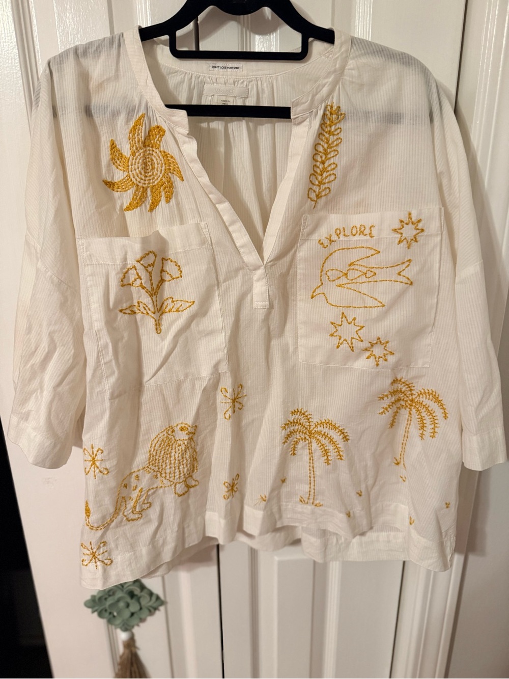 NWOT MOTHER Lion’s Den Down The Middle Pop Over Shirt M Embroidered Cotton